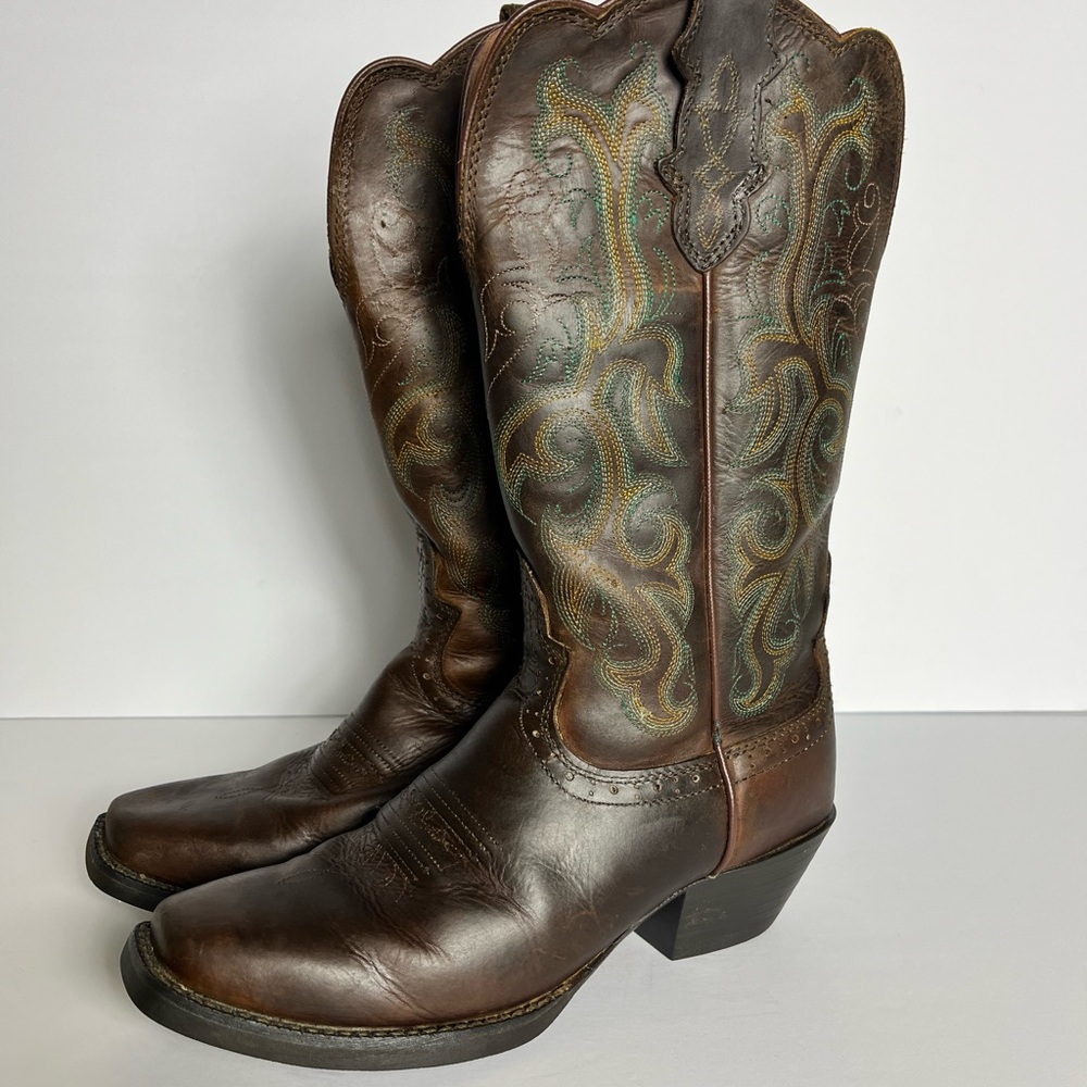 Justin Boots Brown Leather Western Boots with Turquoise & Yellow Stitching